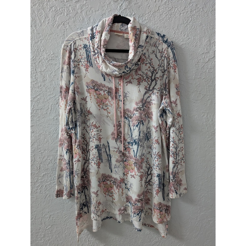 Westbound Tunic Womens XL Rayon Cream Floral Cherry Blossom Cowl Neck|Forestcore